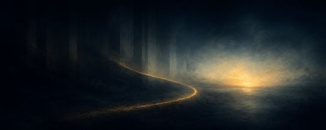 Dunkle Landschaft mit einem goldenen Weg ins Licht